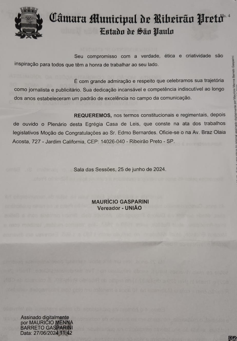 MOO DE CONGRATULAO RECEBIDA DA CMARA MUNICIPAL DE RIBEIRO PRETO