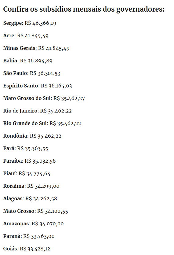Veja quanto ganham os governadores pelo Brasil